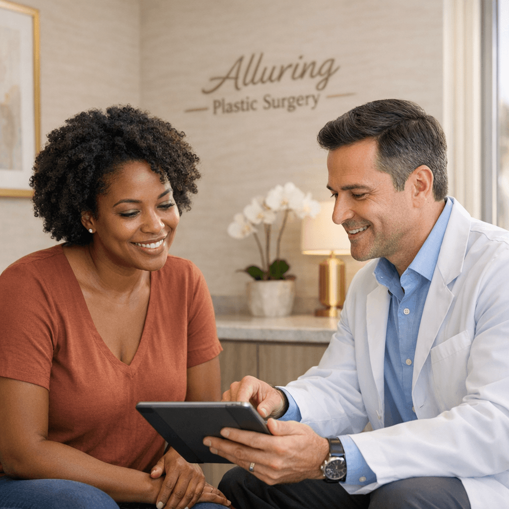 Refined photo of a surgeon (or provider) reviewing a plan with a patient in a bright, upscale consultation room; subtle Miami vibe, stone-toned styling, gold accents.