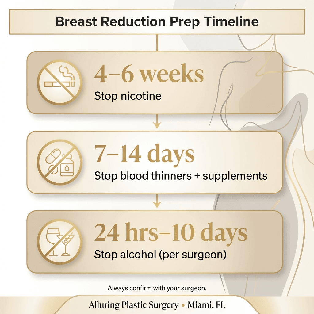 Pre-op timeline infographic: ‘4–6 weeks: stop nicotine’, ‘7–14 days: stop blood thinners/supplements’, ‘24 hrs–10 days: stop alcohol (per surgeon)’, with a brief ‘always confirm with your doctor’ note.