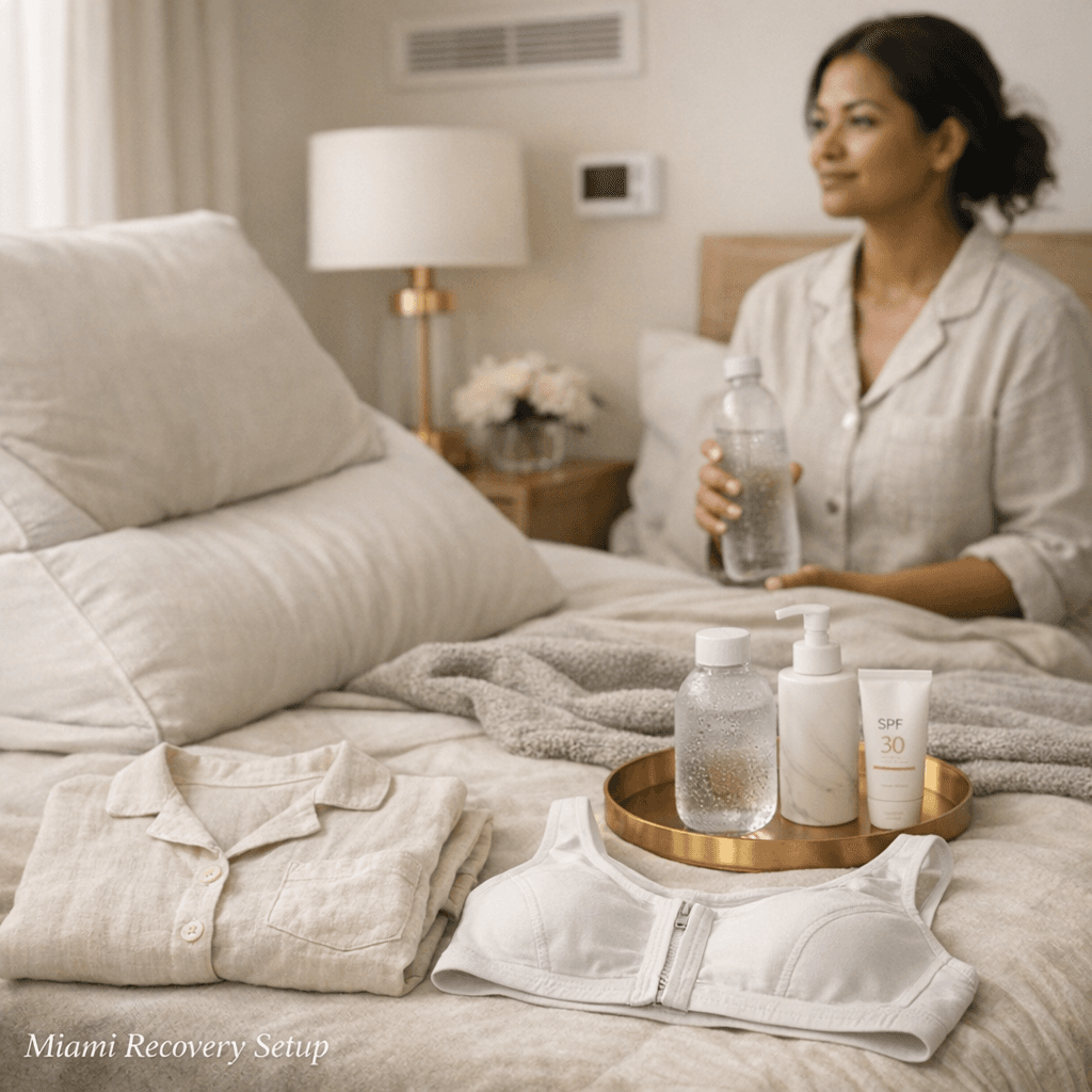Lifestyle photo of a calm, airy bedroom/recovery corner: breathable button-up pajamas, front-closure bra neatly placed, water bottle, pillows for elevation, soft neutral linens (beige/cream) and subtle gold accents.