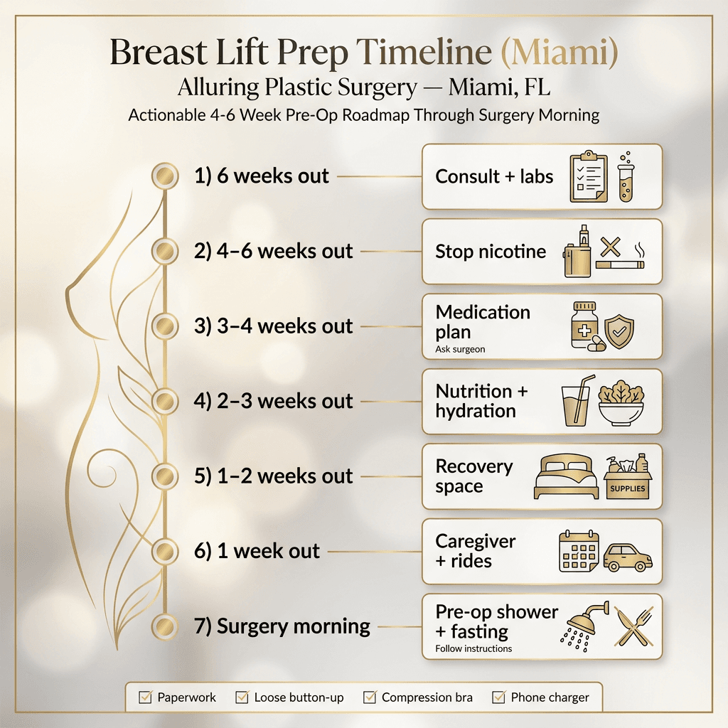 4–6 week pre-op timeline graphic: consult/labs, stop nicotine, med adjustments, nutrition/hydration, recovery space setup, caregiver scheduling, pre-op shower/fasting checklist.