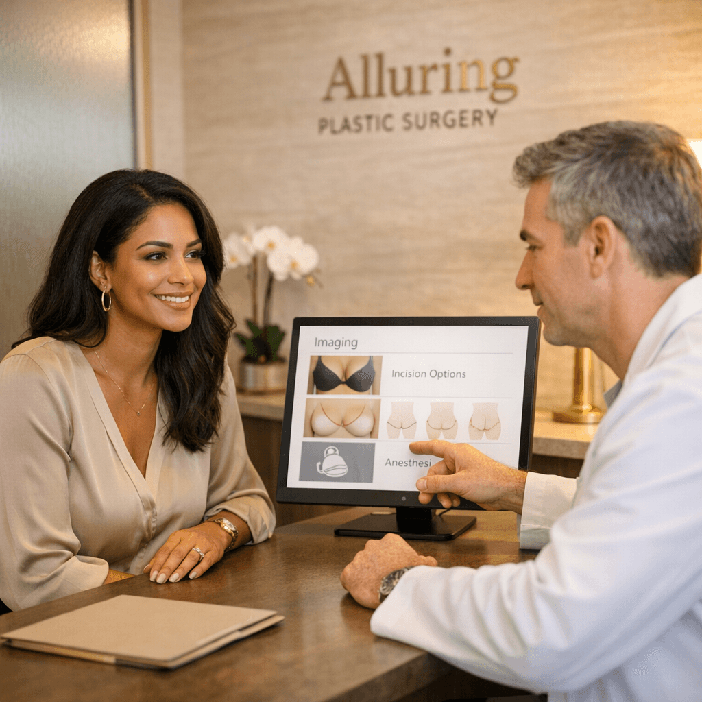 High-end clinic consultation scene: surgeon reviewing imaging with a female patient; warm stone-toned room, subtle gold accents, discreet medical professionalism (no graphic content).
