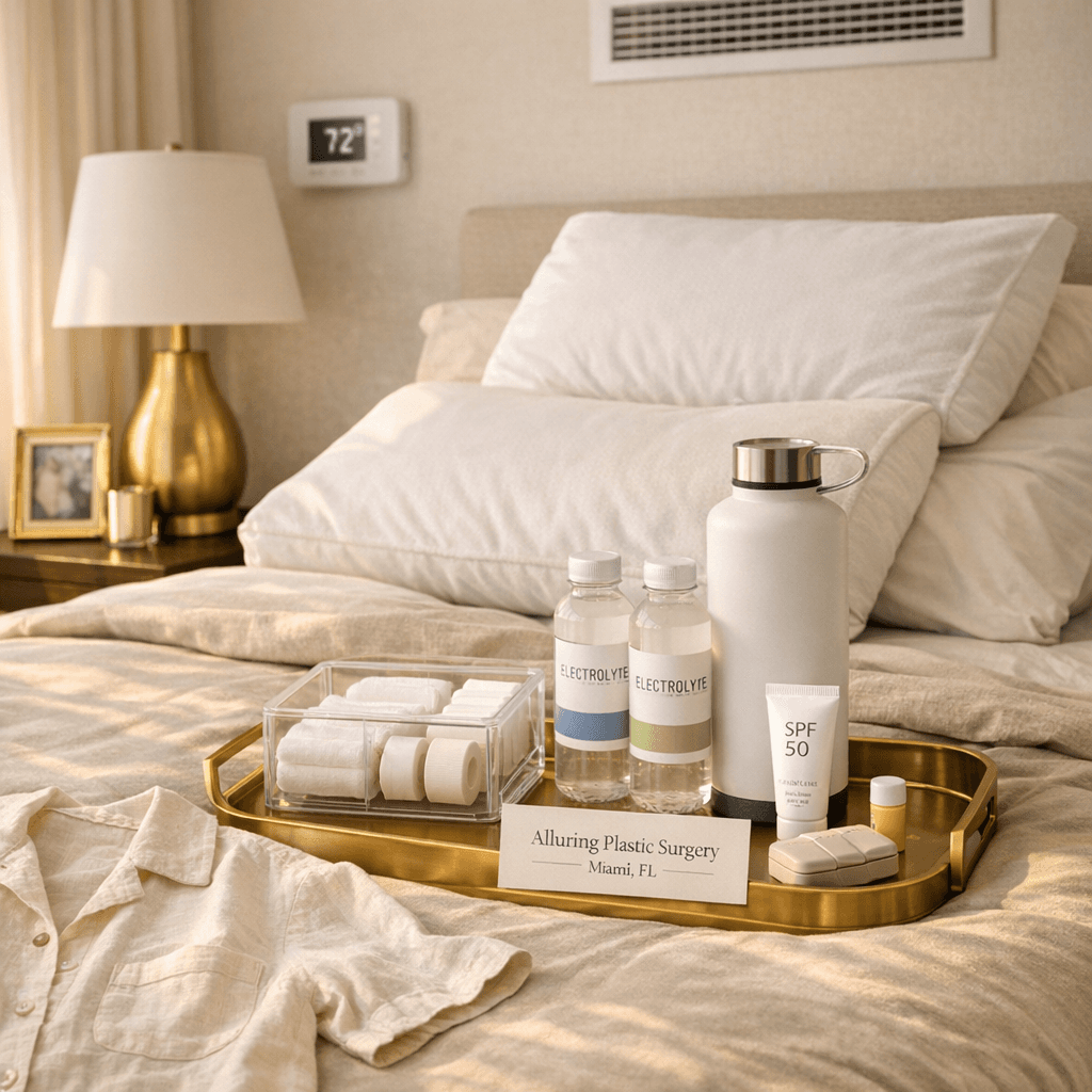 Curated recovery nook: neatly arranged breathable button-up top, water/electrolytes, wedge pillows, thermostat/AC vent visible, soft neutral bedding in beige/cream with gold accent decor.
