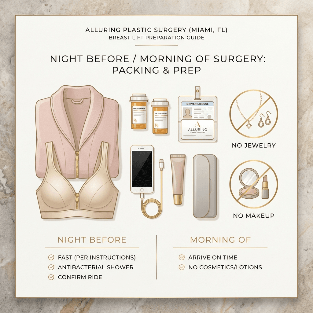 Minimalist illustrated flat-lay checklist: front-zip outfit, non-underwire bra, prescriptions, ID/insurance, phone charger, lip balm, glasses; plus “no jewelry/makeup” callouts in a tasteful stone + gold palette.