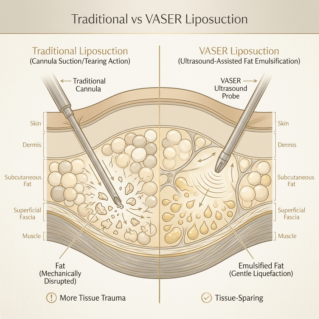 Side-by-side anatomical illustration: traditional cannula action vs VASER ultrasound emulsification (showing fat layer, cannula, ultrasound waves), labeled in simple terms; brand-consistent neutrals + gold line accents.