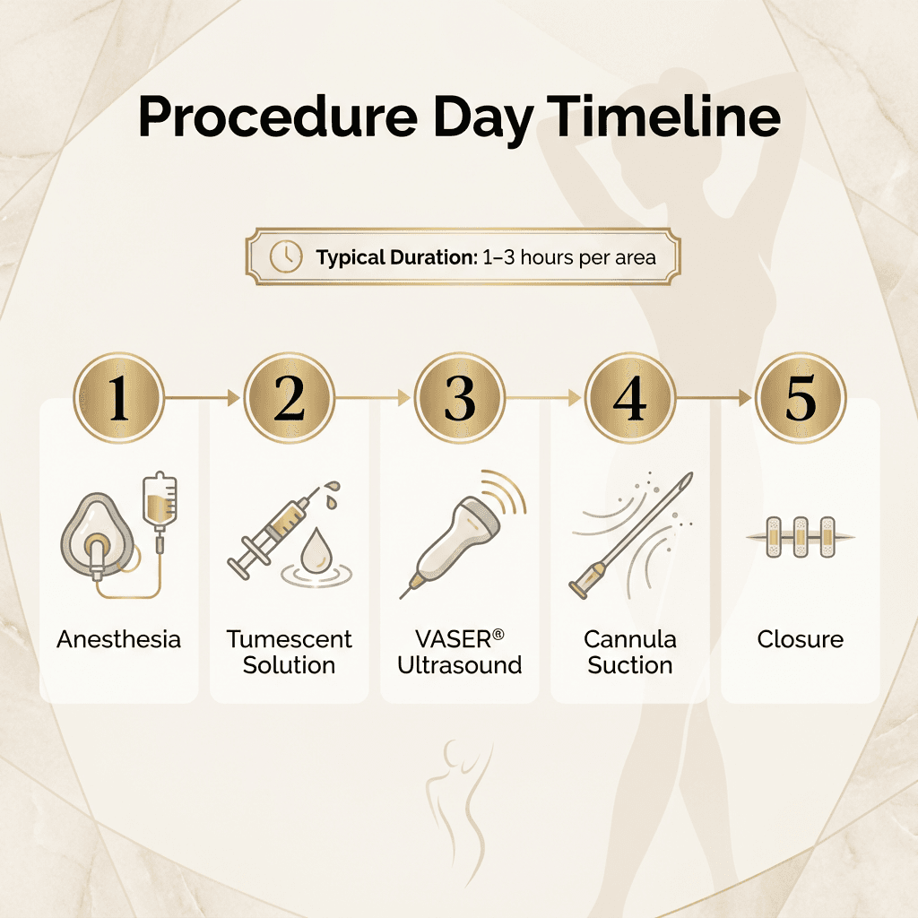 Step-by-step “Procedure Day Timeline” graphic (5 icons + short captions): anesthesia, tumescent solution, VASER ultrasound, suction, closure + typical duration (1–3 hours/area).