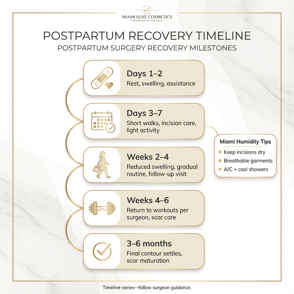 Elegant recovery timeline with milestones (Days 1–2 through 3–6 months), plus a small “Miami humidity tips” callout (keep incisions dry, breathable garments, A/C).