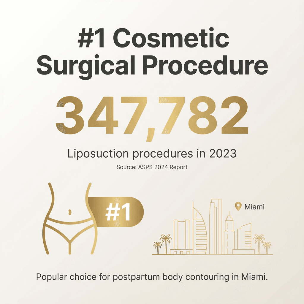 Minimalist infographic featuring the ASPS stat (347,782 in 2023), “#1 cosmetic surgical procedure,” and a short caption tying it to postpartum body contouring in Miami.