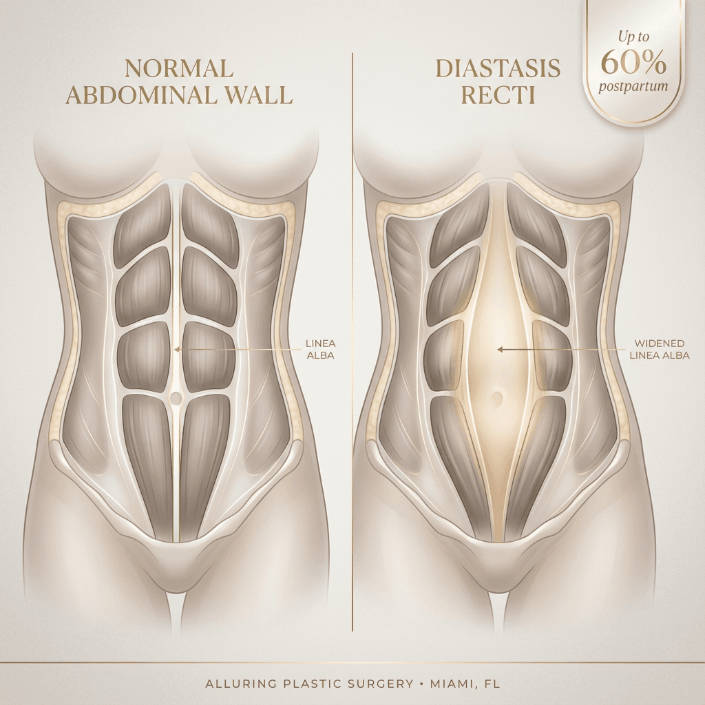 Elegant anatomical illustration of diastasis recti: side-by-side ‘normal abdominal wall vs separated rectus muscles,’ with a minimal label callout and a small “up to 60% postpartum” stat badge in brand tones.