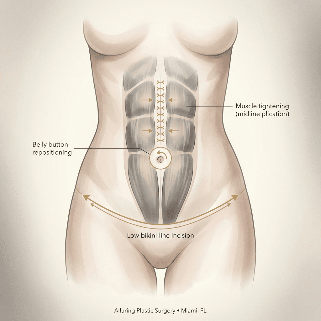Refined surgical diagram showing tummy tuck incision placement low on the abdomen + simplified muscle tightening at the midline; optional small callout for belly button repositioning (no graphic detail).