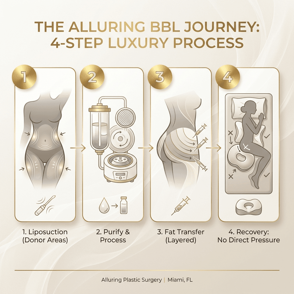 3–4 step BBL process infographic: ‘Liposuction donor areas → Purification/processing → Strategic fat transfer → Recovery positioning basics,’ using stone tones + gold accents and minimal icons.