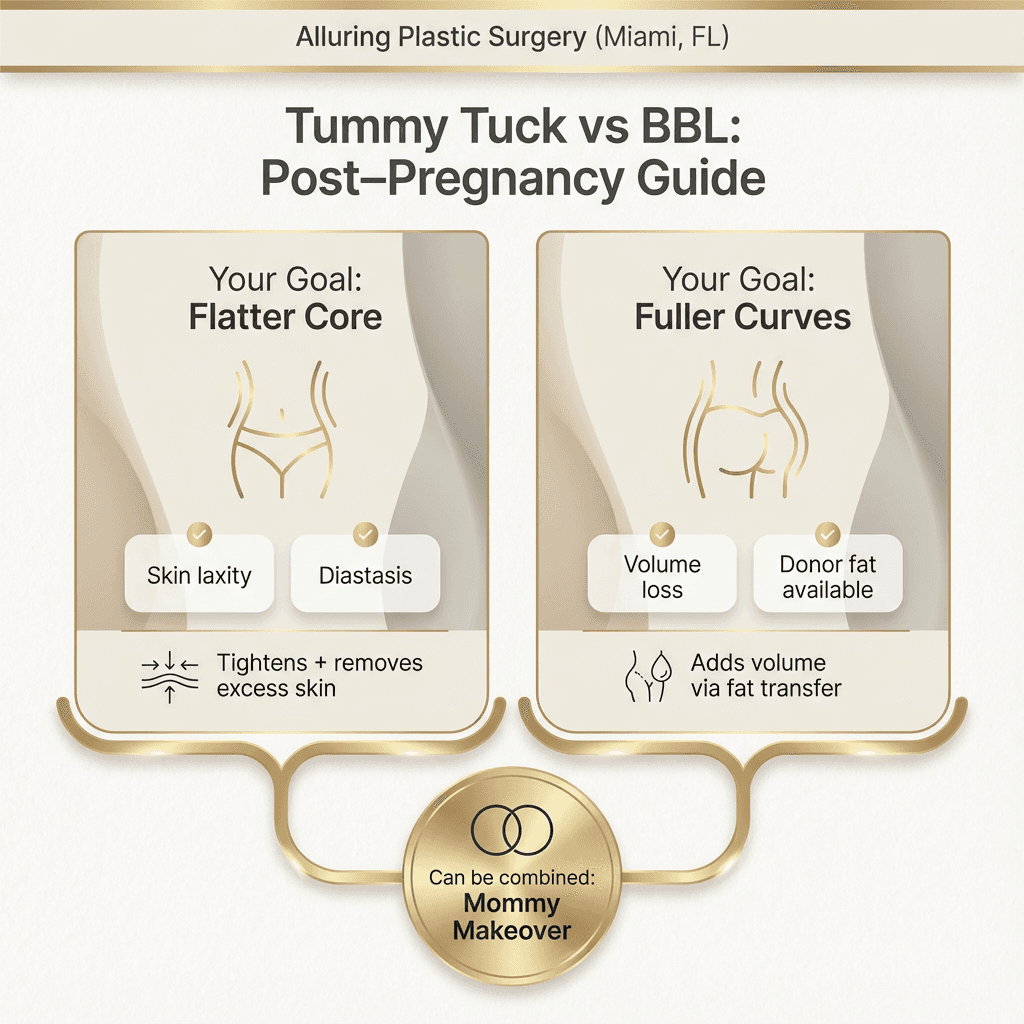 Premium comparison infographic/decision guide: ‘Your Goal: flatter core vs fuller curves’ with quick filters (skin laxity/diastasis vs volume loss/donor fat), plus a ‘Can be combined in Mommy Makeover’ connector.