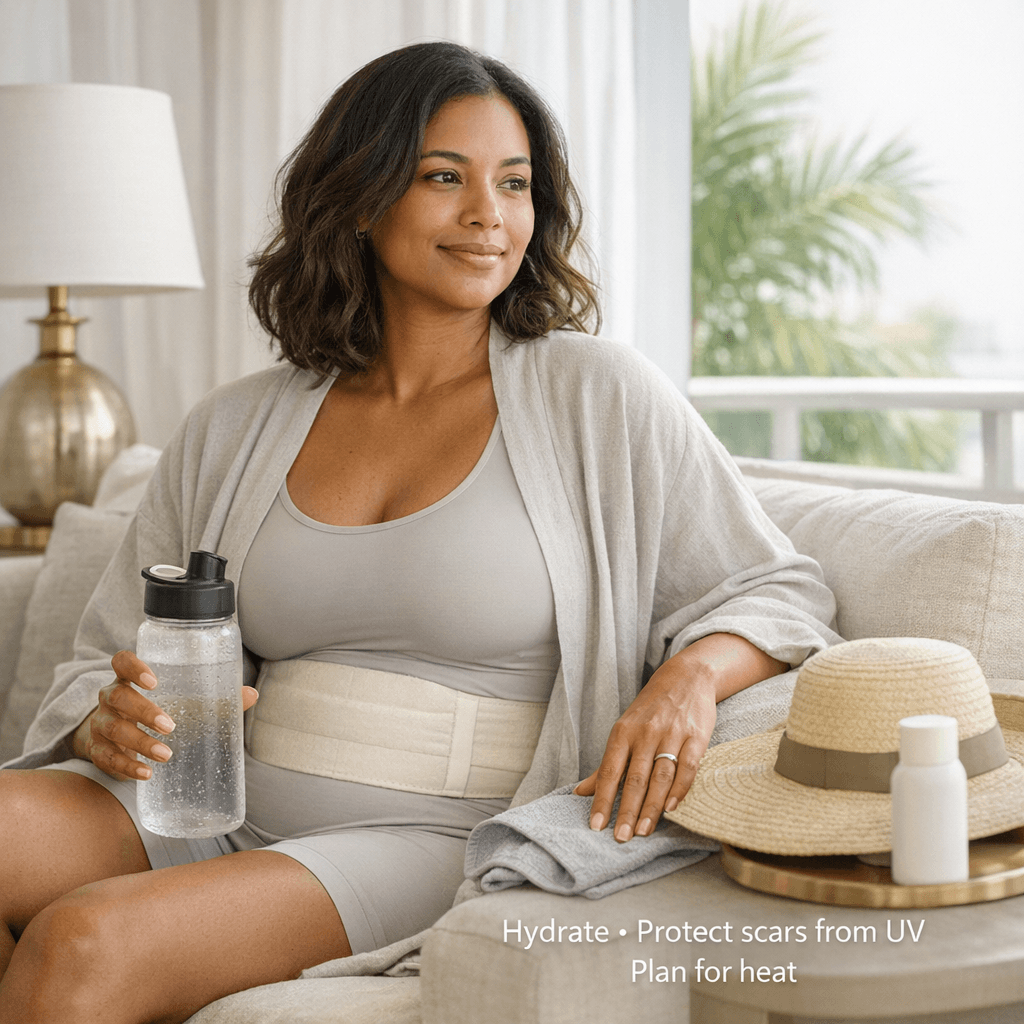 Lifestyle photo: stylish postpartum woman at home in airy, light-toned space wearing a comfortable robe/compression-friendly loungewear, water bottle nearby, soft daylight/AC vibe; subtle props for sun protection (hat/SPF) and recovery comfort.