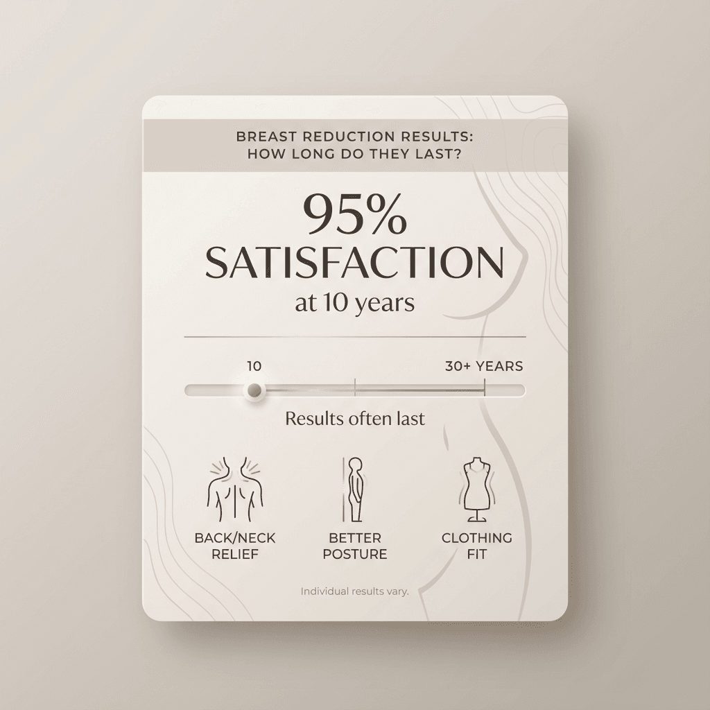 Mini data card: “95% satisfaction at 10 years” + “results often last 10–30+ years” with 2–3 supporting benefit icons (back/neck relief, posture, clothing fit) in stone tones with subtle gold accents.