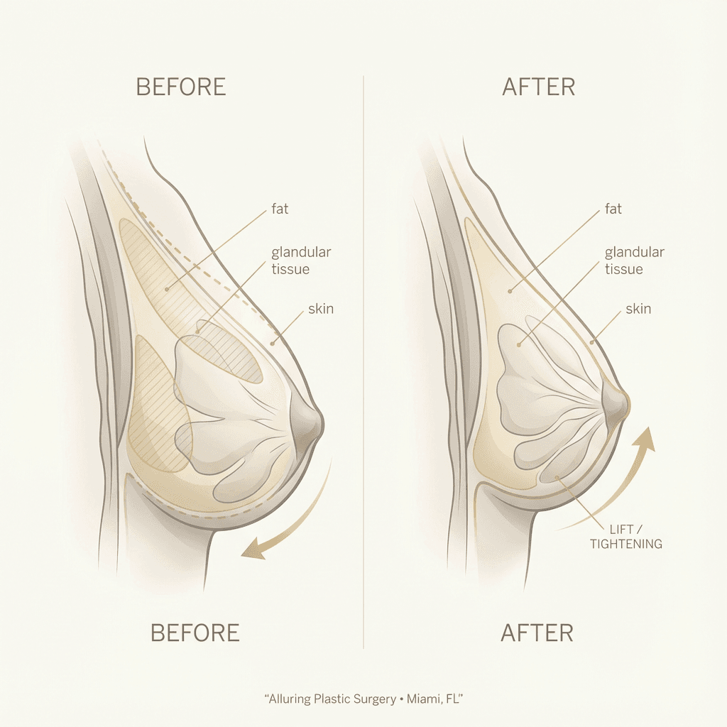 Elegant medical illustration: simplified breast cross-section showing tissue removal + lift/skin tightening concept (tasteful, non-graphic), labeled “fat,” “glandular tissue,” “skin,” and “new contour.”