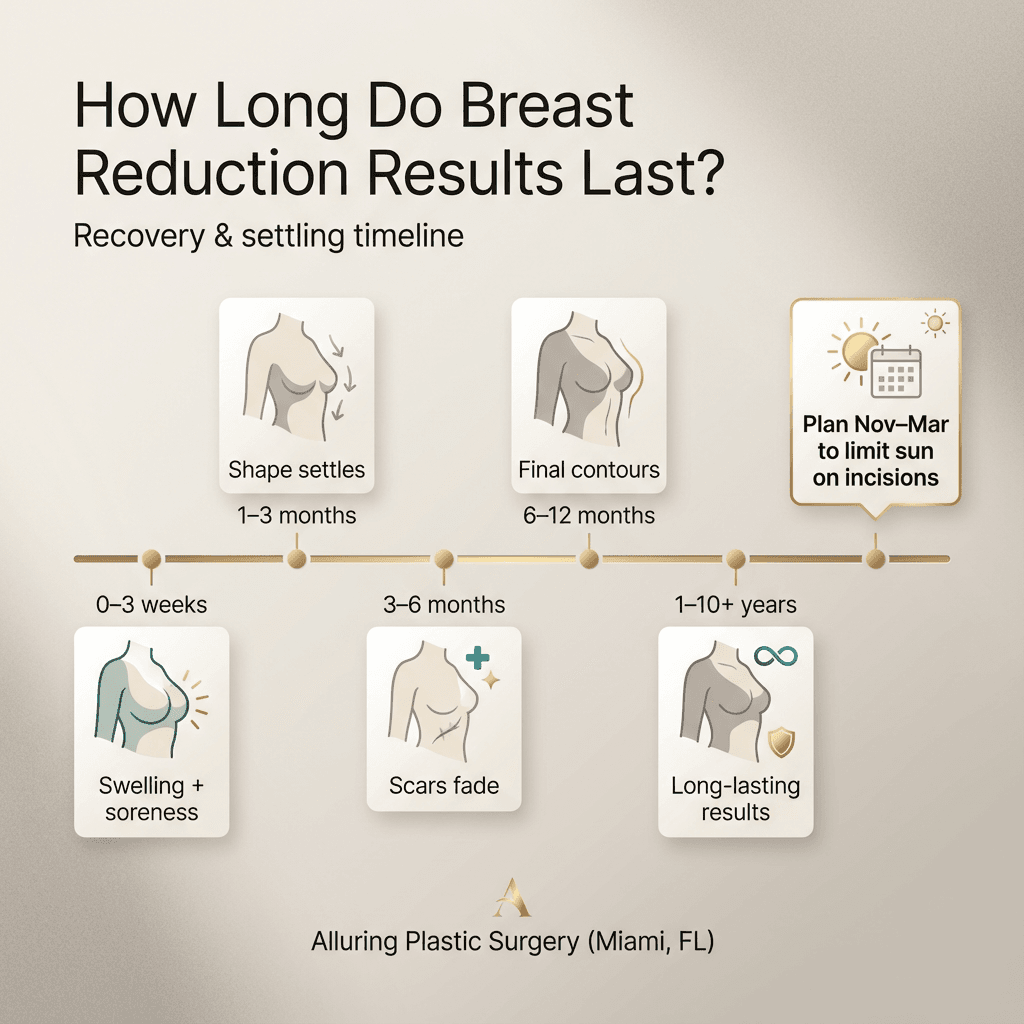 Horizontal timeline with milestones: 0–3 weeks, 1–3 months, 3–6 months, 6–12 months, 1–10+ years + a Miami note (“Plan Nov–Mar to limit sun on incisions”).