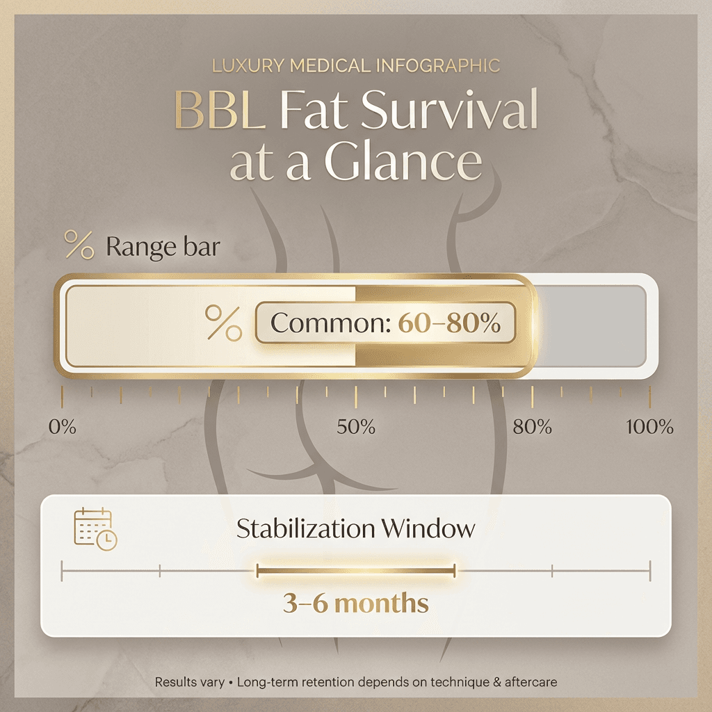 “BBL Fat Survival at a Glance” graphic showing 50–80% range, common 60–80%, and the 3–6 month stabilization window (stone-tone palette with subtle gold accents).