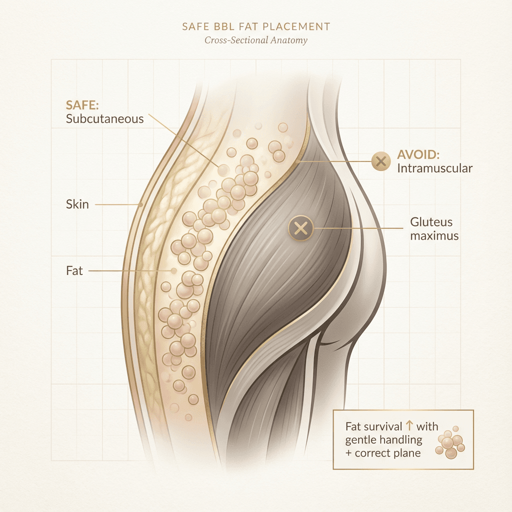Simplified cross-sectional illustration of buttock anatomy highlighting safe fat placement zones (subcutaneous layer) vs deeper muscle (avoid), styled cleanly with warm neutrals and gold callouts.