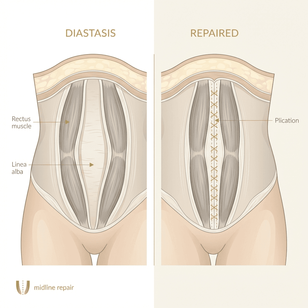 Clean anatomical illustration: abdominal wall showing diastasis recti separation vs. repaired midline after tummy tuck; minimal labels, premium neutral palette.