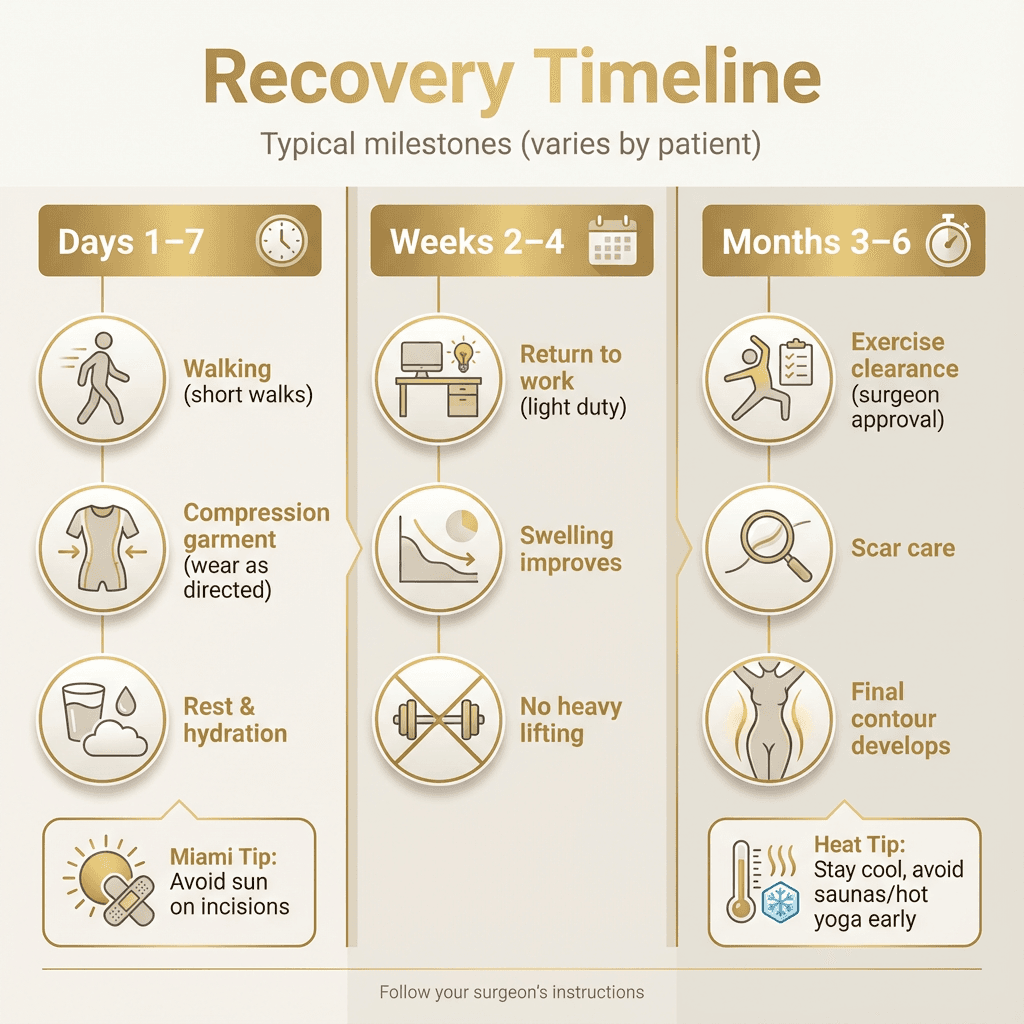 Recovery timeline graphic: Days 1–7, Weeks 2–4, Months 3–6 with icons (walking, garment, return to work, exercise clearance) and sun/heat tip callouts for Miami.