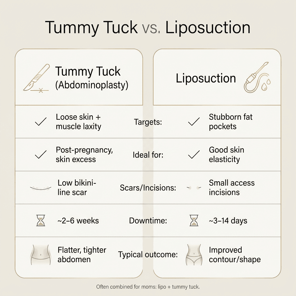 Two-column comparison chart: “Tummy Tuck vs. Liposuction” (targets, ideal candidates, scars/incisions, downtime ranges, typical outcomes).