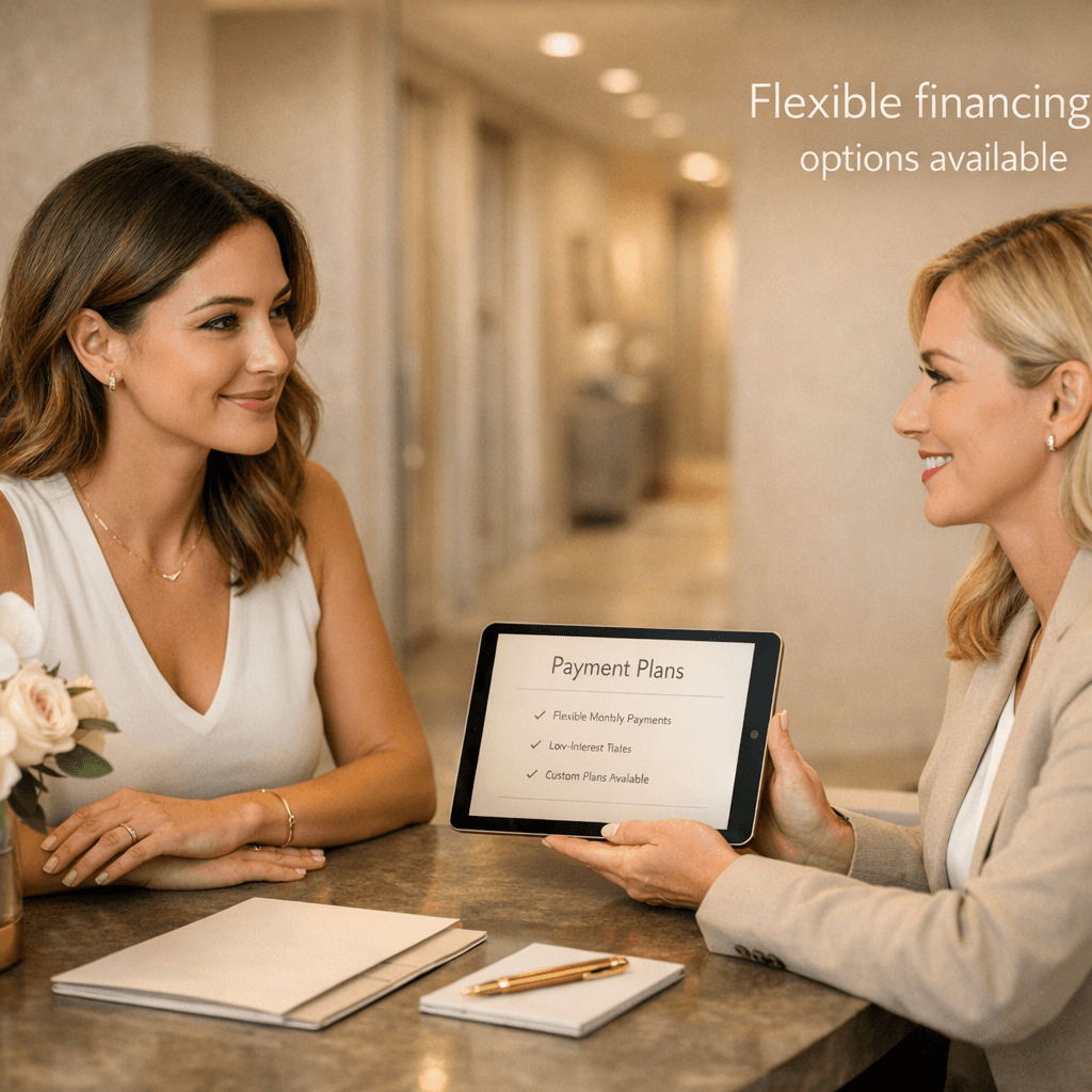 Premium clinic/lifestyle image: elegant consultation desk scene with neutral tones; overlay text “Flexible financing options available” (no heavy promotional styling).