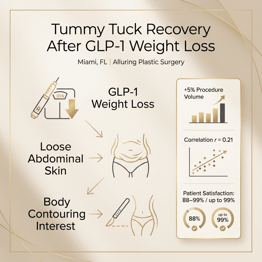 Mini data-graphic: GLP-1 weight loss → loose skin → increased body contouring interest + key stats (5% volume rise, r=0.21 correlation, 88–99%/99% satisfaction range) with tasteful stone/gold branding accents