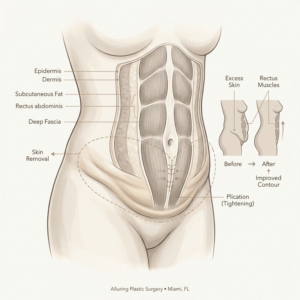 Elegant medical illustration of the abdominal wall showing excess skin/fold, underlying muscle tightening (rectus plication), and the concept of skin removal—kept minimal, clinic-appropriate, and on-brand (warm neutrals)
