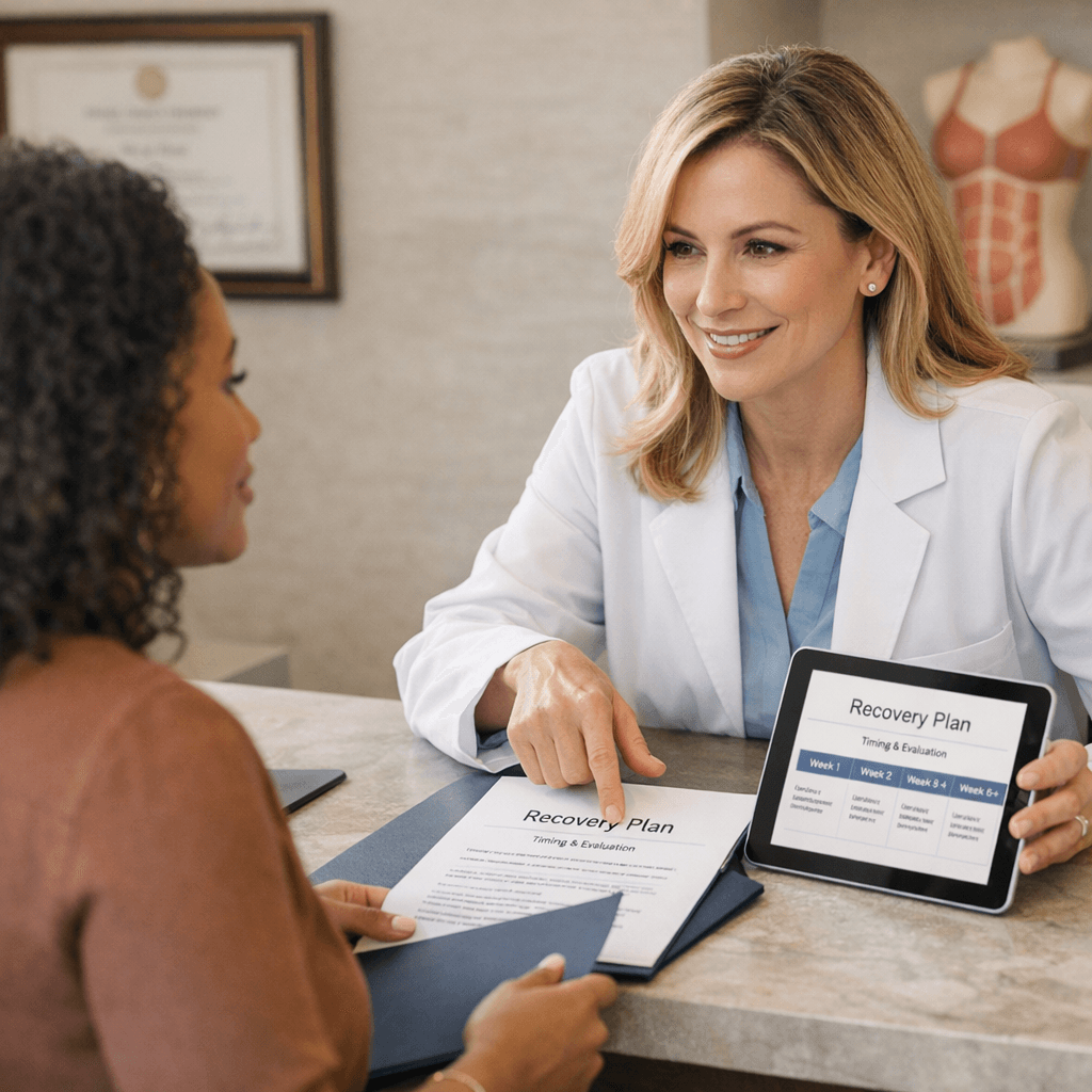 Luxury consultation scene: board-certified surgeon reviewing a customized plan with patient (no explicit body exposure), bright accredited clinic setting, subtle gold accents, calm/aspirational mood