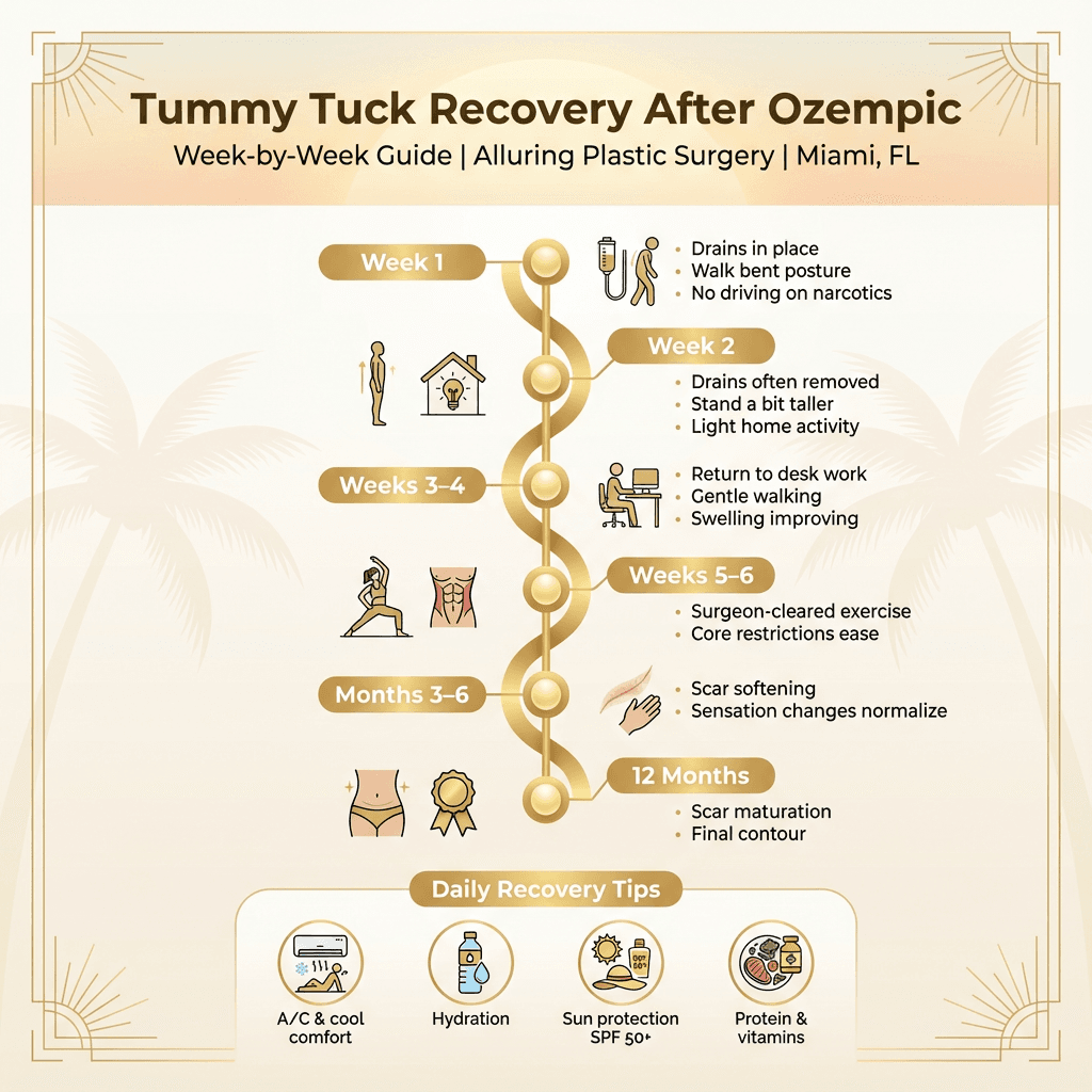 Miami-themed recovery timeline graphic with milestones (drains, posture, return to work, exercise, scar maturation) plus small icons for AC/heat, hydration, sun protection