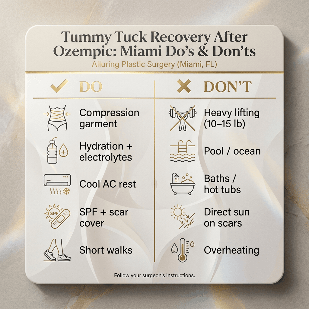 Do/Don’t checklist card: compression garment, hydration/electrolytes, AC rest, sun/scar protection, lifting limits, pool/bath avoidance—styled in stone tones with gold dividers