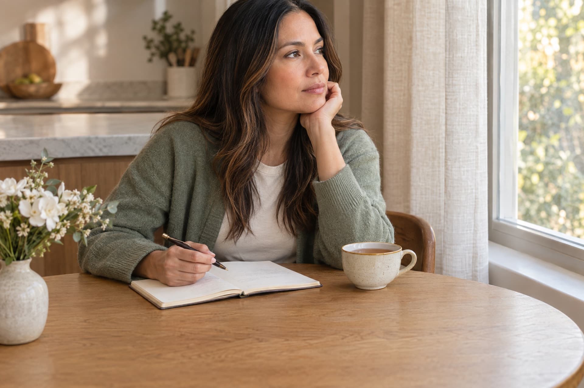 A woman in her early fifties with East Asian features sits at a kitchen table with a notebook and a cup of tea, thinking through her plans in soft afternoon light
